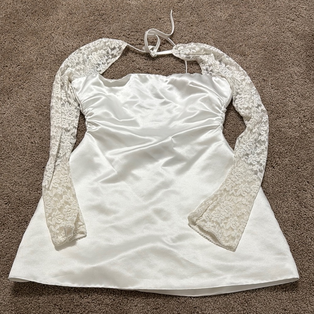 Babyboo Elegant White Satin Dress with Lace Sleeves